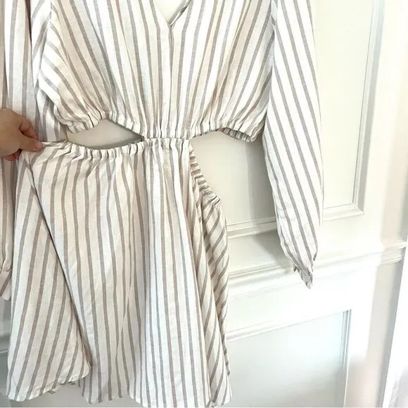 Sam Edelman Emely Cut out Long Sleeve Dress, white and tan stripe size XL New