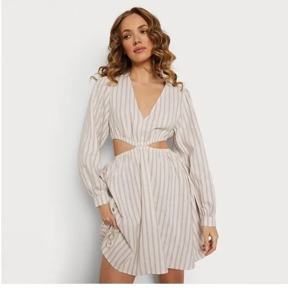 Sam Edelman Emely Cut out Long Sleeve Dress, white and tan stripe size XL New