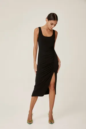 Shirred Slit Midi Dress