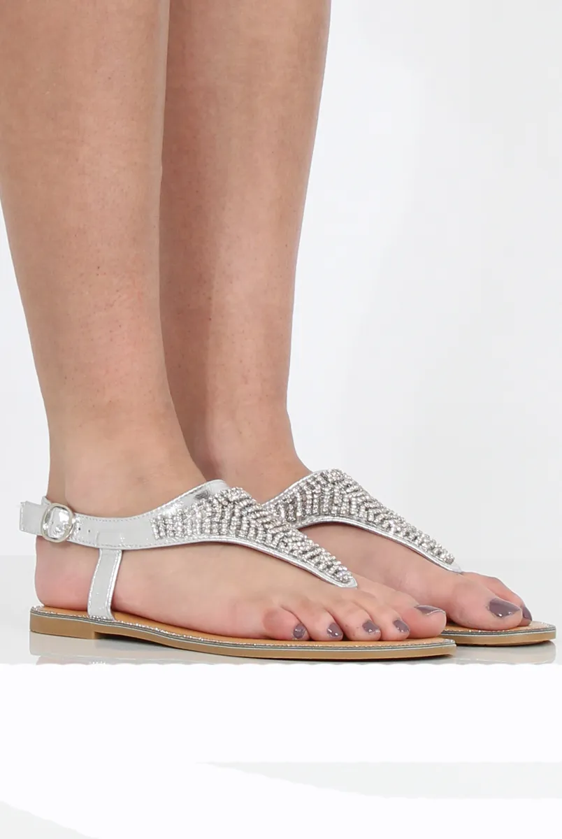 Silver Diamante Sling Black Sandals - Abbey