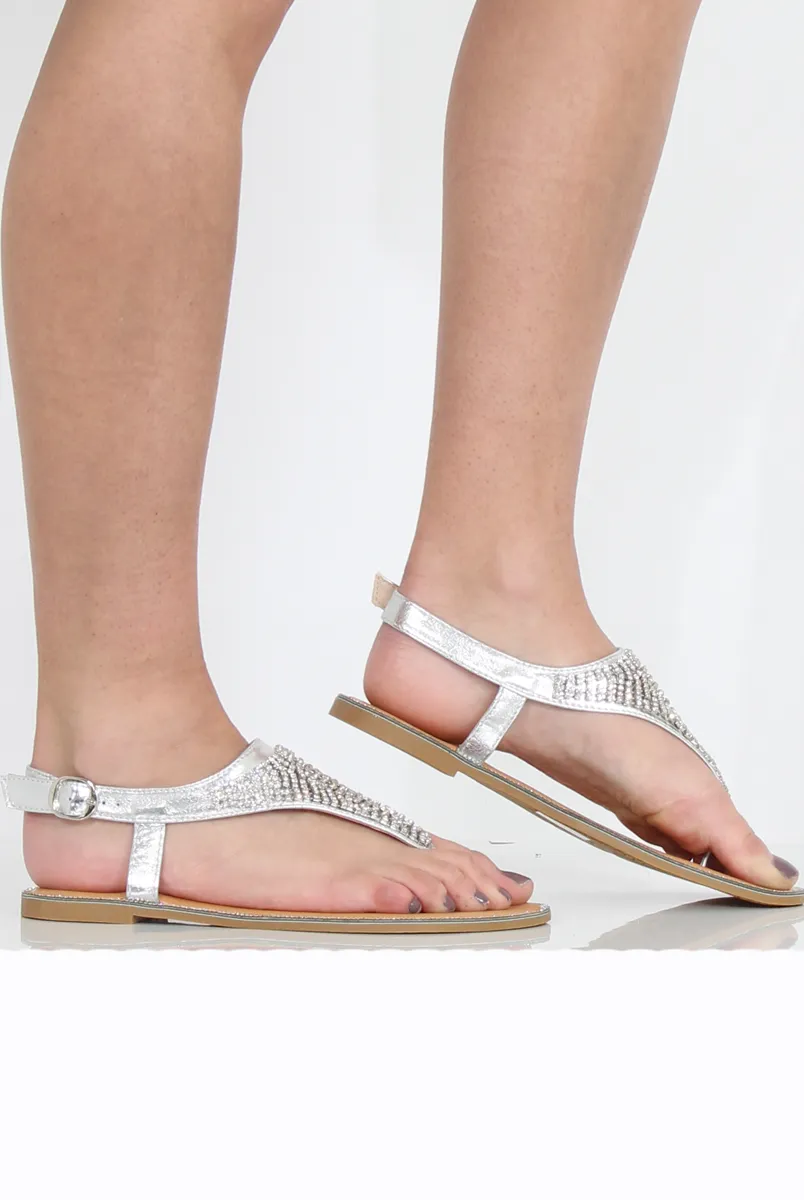 Silver Diamante Sling Black Sandals - Abbey