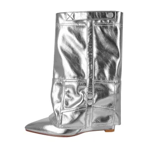 Silver Metallic Wedge Heel Fold Over Boots
