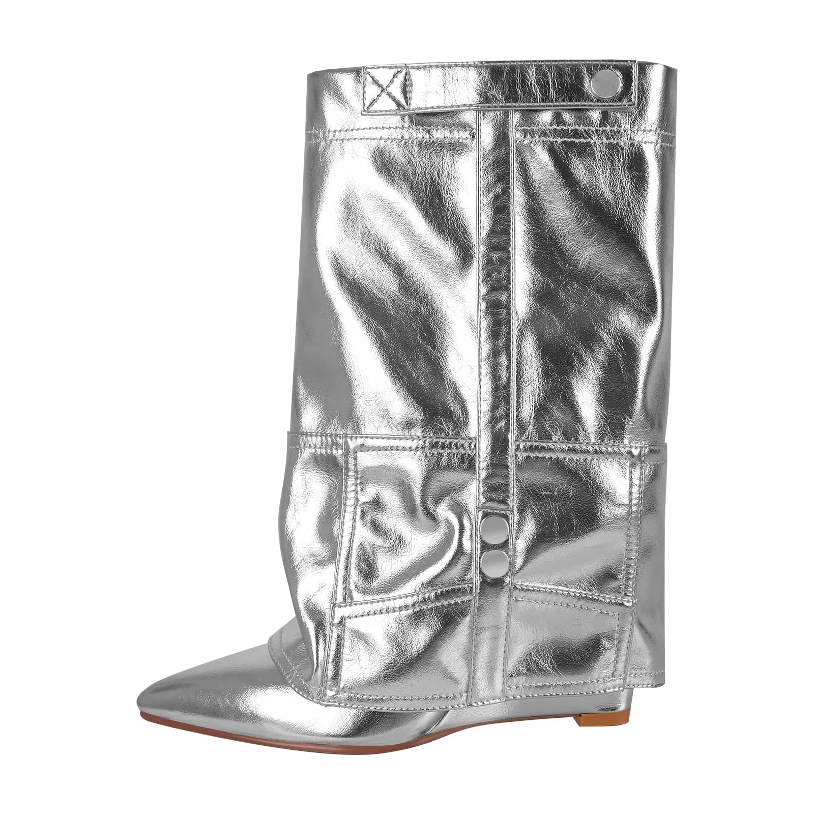 Silver Metallic Wedge Heel Fold Over Boots