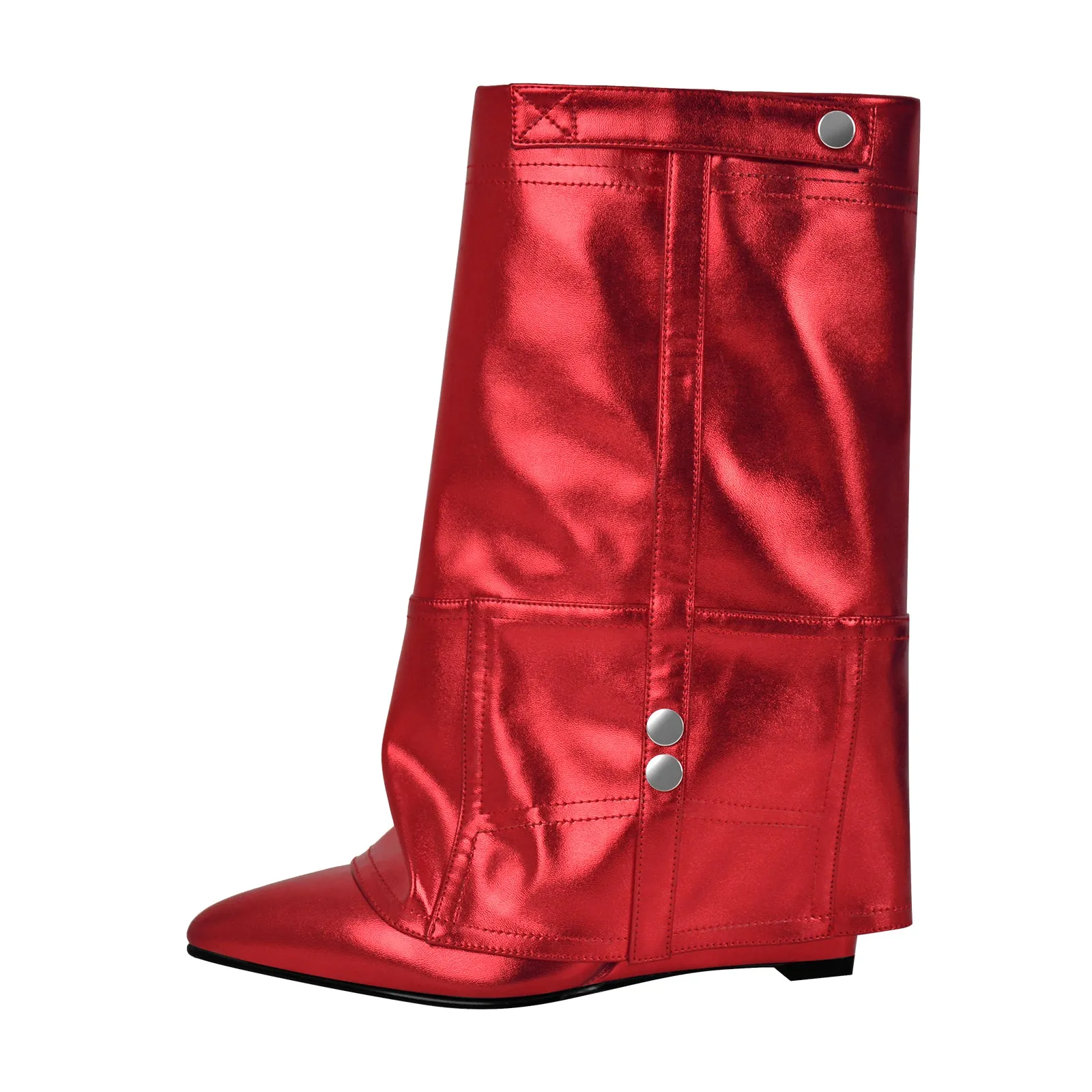 Silver Metallic Wedge Heel Fold Over Boots