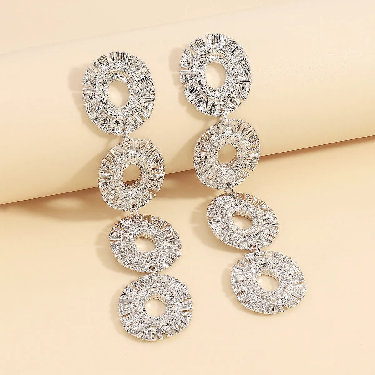 Silver-Plated Linked Textured-Oval Drop Earrings
