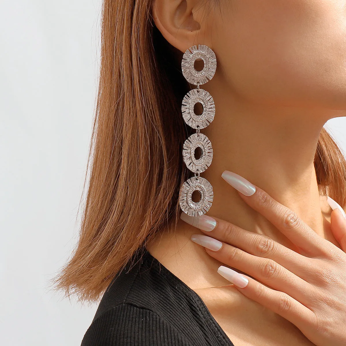 Silver-Plated Linked Textured-Oval Drop Earrings