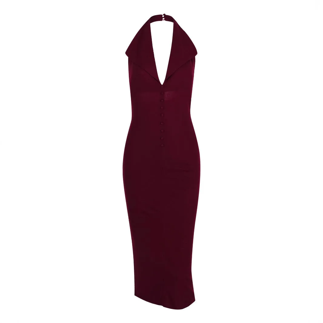 Slay all Day Burgundy Backless Halter Midi Dress | Bodycon Midi Dress | Elegant Halter neck dress