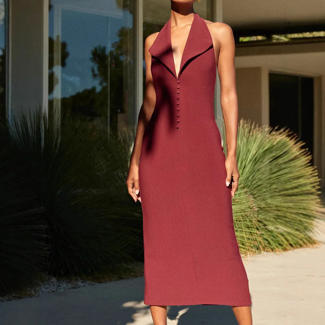 Slay all Day Burgundy Backless Halter Midi Dress | Bodycon Midi Dress | Elegant Halter neck dress
