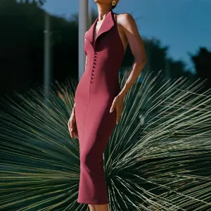 Slay all Day Burgundy Backless Halter Midi Dress | Bodycon Midi Dress | Elegant Halter neck dress