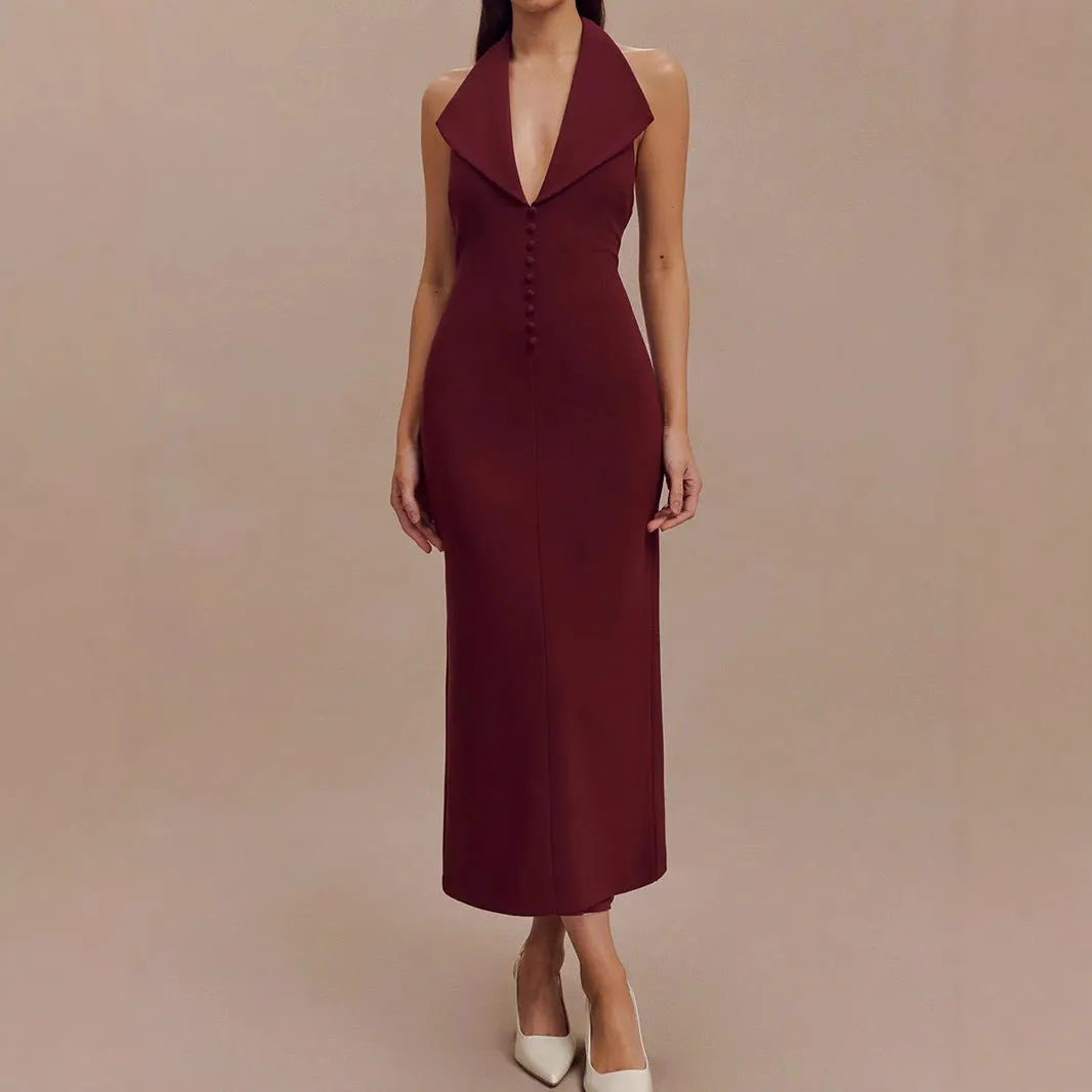 Slay all Day Burgundy Backless Halter Midi Dress | Bodycon Midi Dress | Elegant Halter neck dress