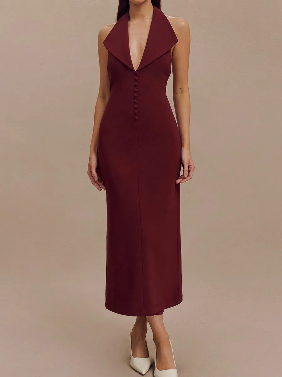 Slay all Day Burgundy Backless Halter Midi Dress | Bodycon Midi Dress | Elegant Halter neck dress