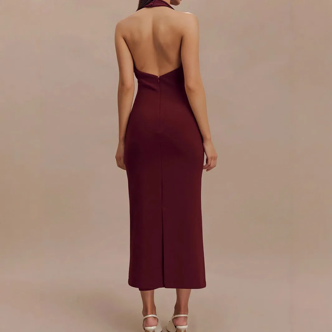 Slay all Day Burgundy Backless Halter Midi Dress | Bodycon Midi Dress | Elegant Halter neck dress