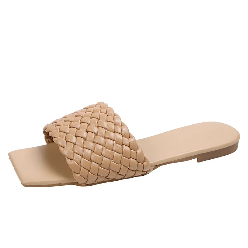 Slipper Square Toe Flat Slippers Beach Sandals Casual Flip Flops Weave Shoes Ladies Female Slides