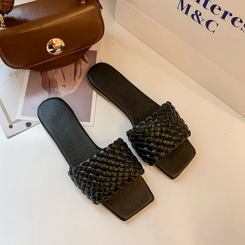 Slipper Square Toe Flat Slippers Beach Sandals Casual Flip Flops Weave Shoes Ladies Female Slides