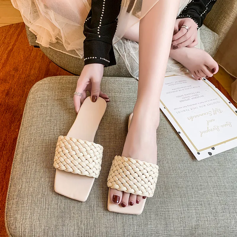 Slipper Square Toe Flat Slippers Beach Sandals Casual Flip Flops Weave Shoes Ladies Female Slides