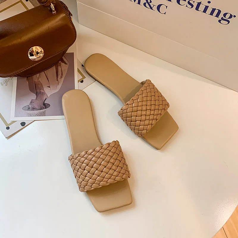 Slipper Square Toe Flat Slippers Beach Sandals Casual Flip Flops Weave Shoes Ladies Female Slides