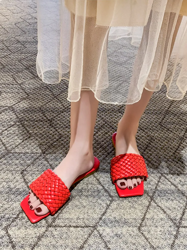 Slipper Square Toe Flat Slippers Beach Sandals Casual Flip Flops Weave Shoes Ladies Female Slides