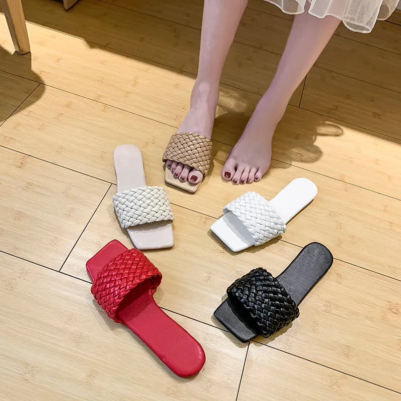 Slipper Square Toe Flat Slippers Beach Sandals Casual Flip Flops Weave Shoes Ladies Female Slides