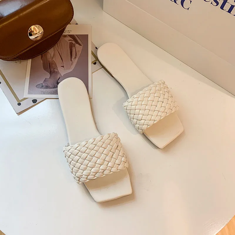 Slipper Square Toe Flat Slippers Beach Sandals Casual Flip Flops Weave Shoes Ladies Female Slides