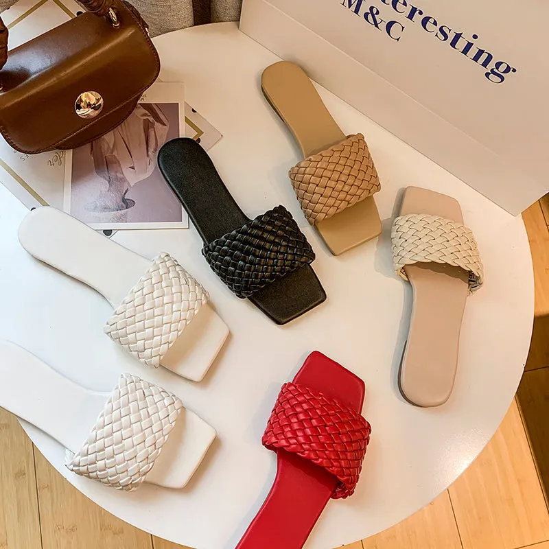 Slipper Square Toe Flat Slippers Beach Sandals Casual Flip Flops Weave Shoes Ladies Female Slides