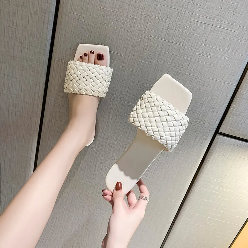 Slipper Square Toe Flat Slippers Beach Sandals Casual Flip Flops Weave Shoes Ladies Female Slides