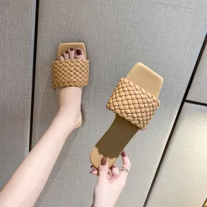 Slipper Square Toe Flat Slippers Beach Sandals Casual Flip Flops Weave Shoes Ladies Female Slides