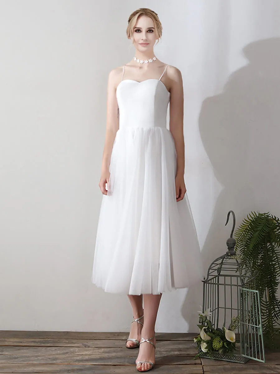 Spaghetti Straps A-Line Tea Length Tulle Little White Wedding Dress with Lace Separated Top