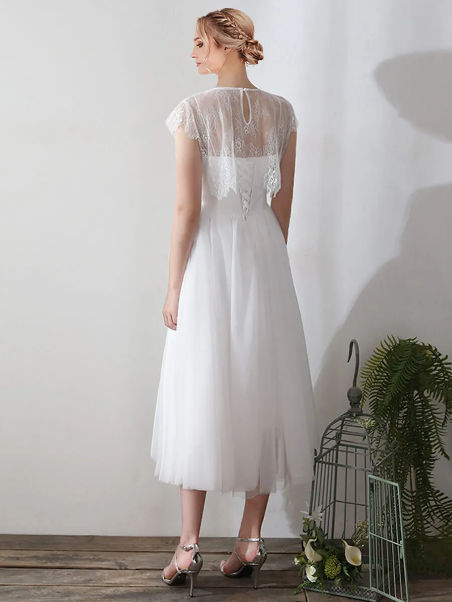 Spaghetti Straps A-Line Tea Length Tulle Little White Wedding Dress with Lace Separated Top