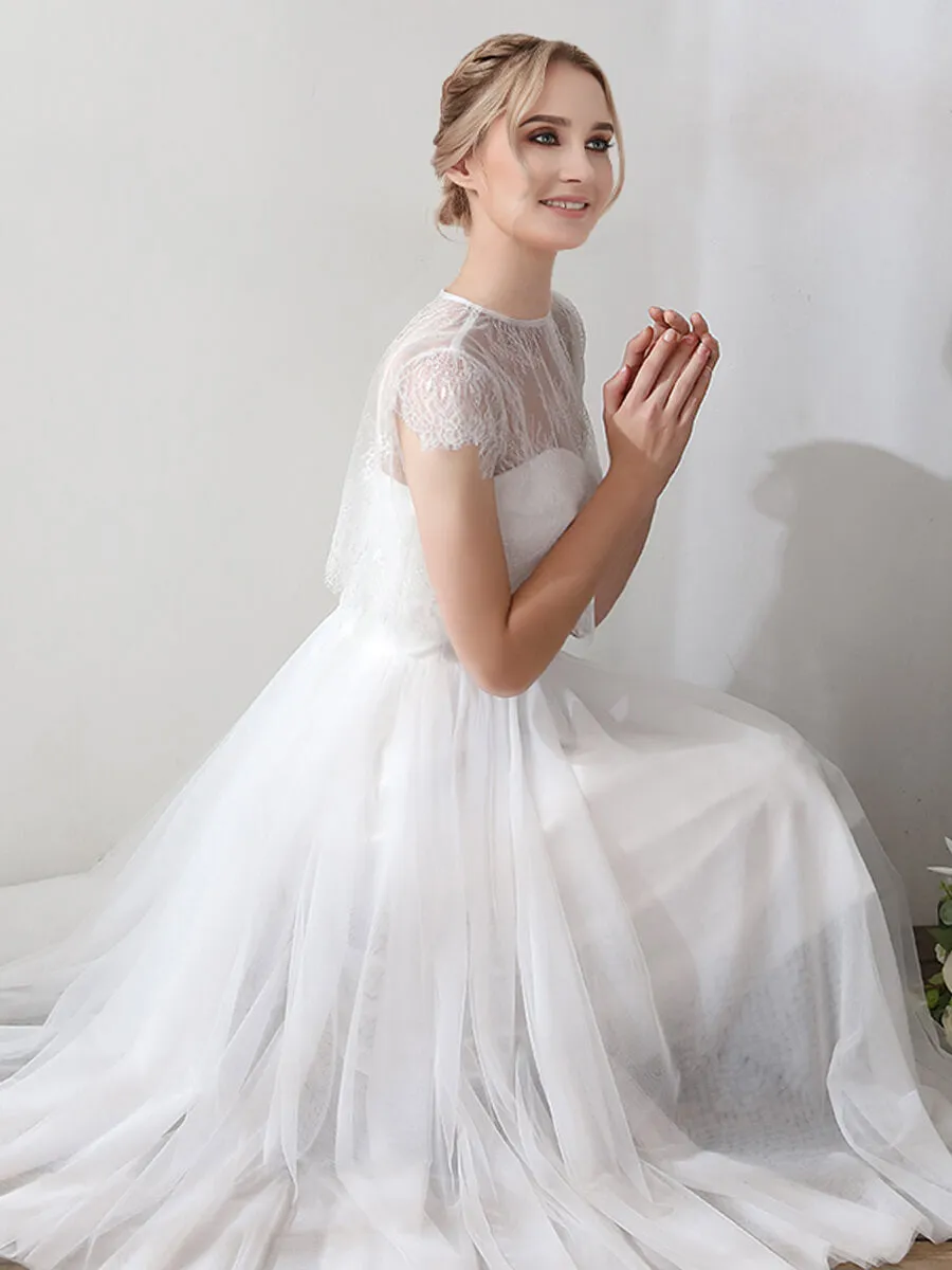 Spaghetti Straps A-Line Tea Length Tulle Little White Wedding Dress with Lace Separated Top