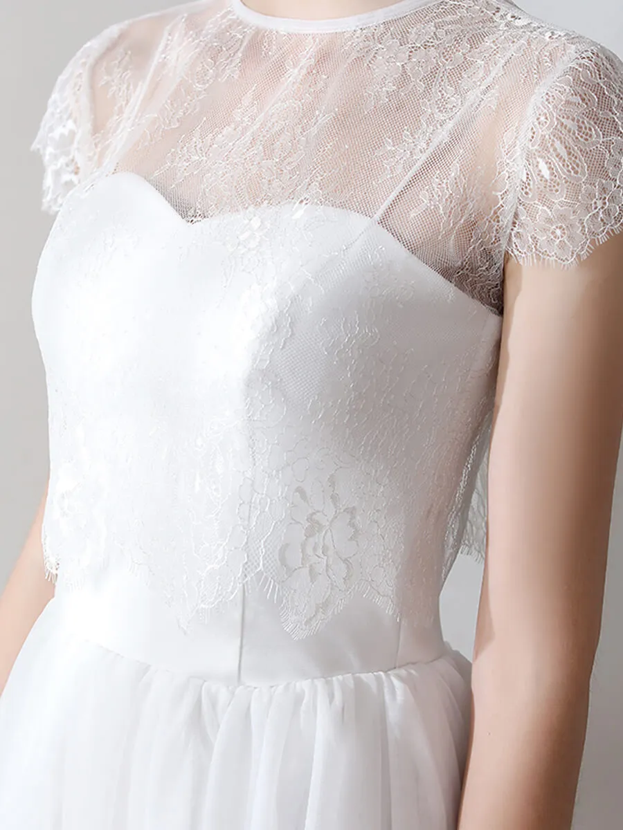 Spaghetti Straps A-Line Tea Length Tulle Little White Wedding Dress with Lace Separated Top