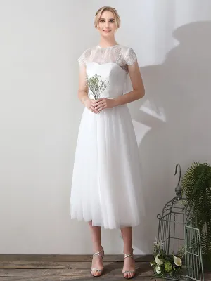 Spaghetti Straps A-Line Tea Length Tulle Little White Wedding Dress with Lace Separated Top