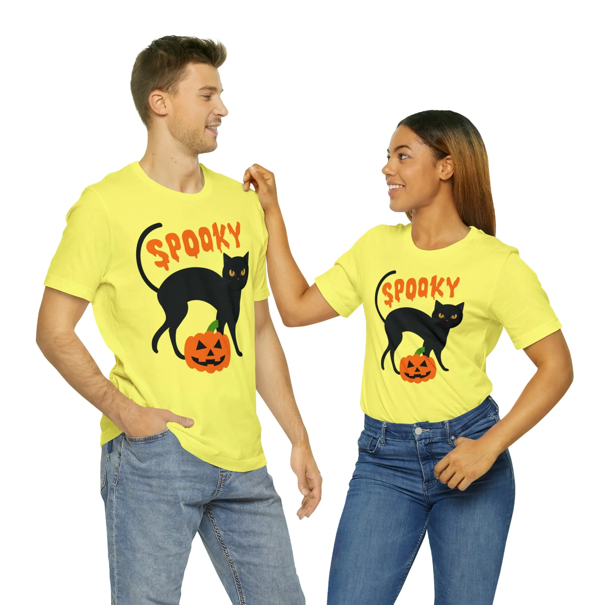 Spooky Black Cat T-Shirt | Creepy Jack-o'-Lantern Tee |  Bella Canvas 3001Unisex | Haunted Short Sleeve Tshirt