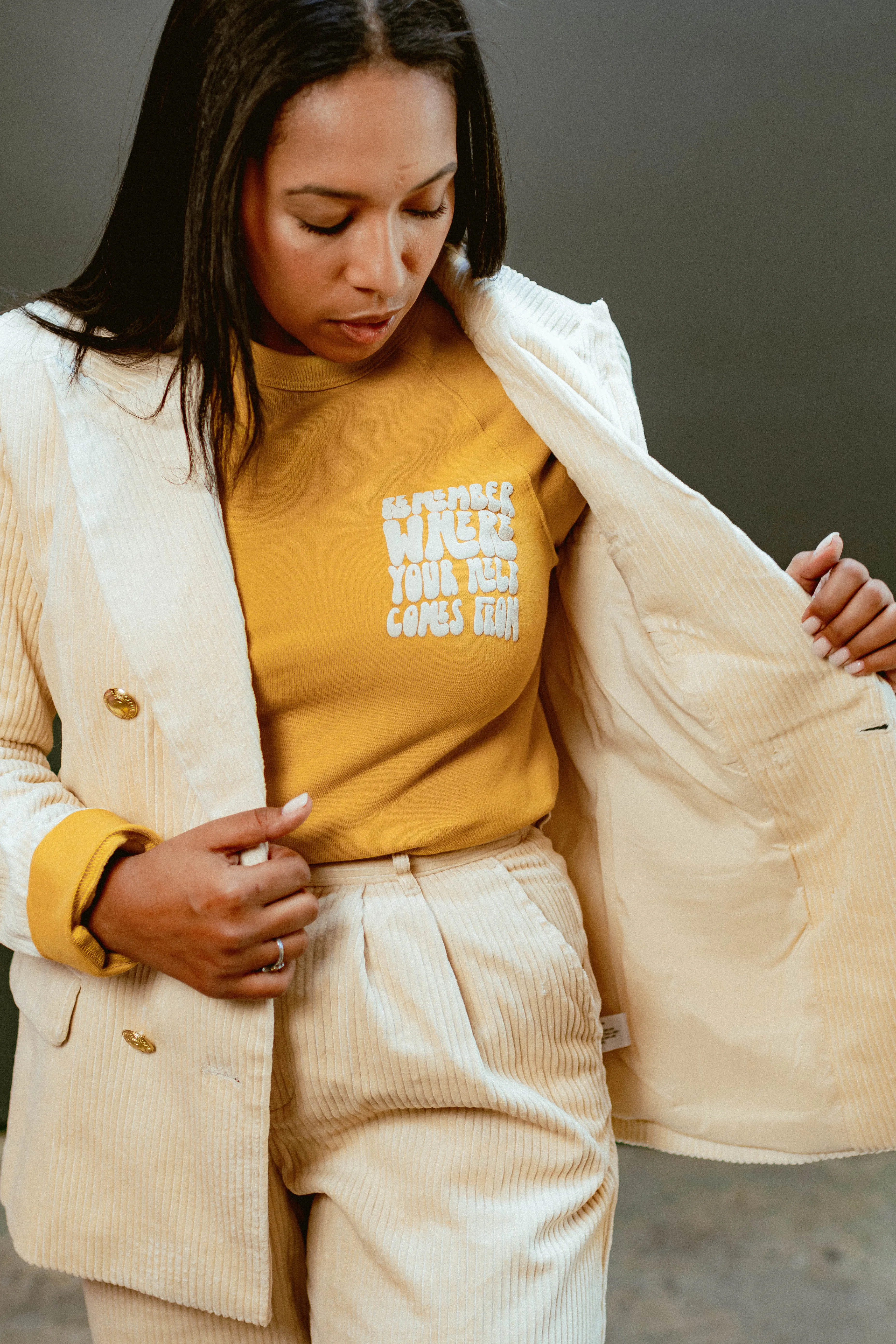 Stay Brave Fleece Crewneck in Heather Mustard | Toni Collier