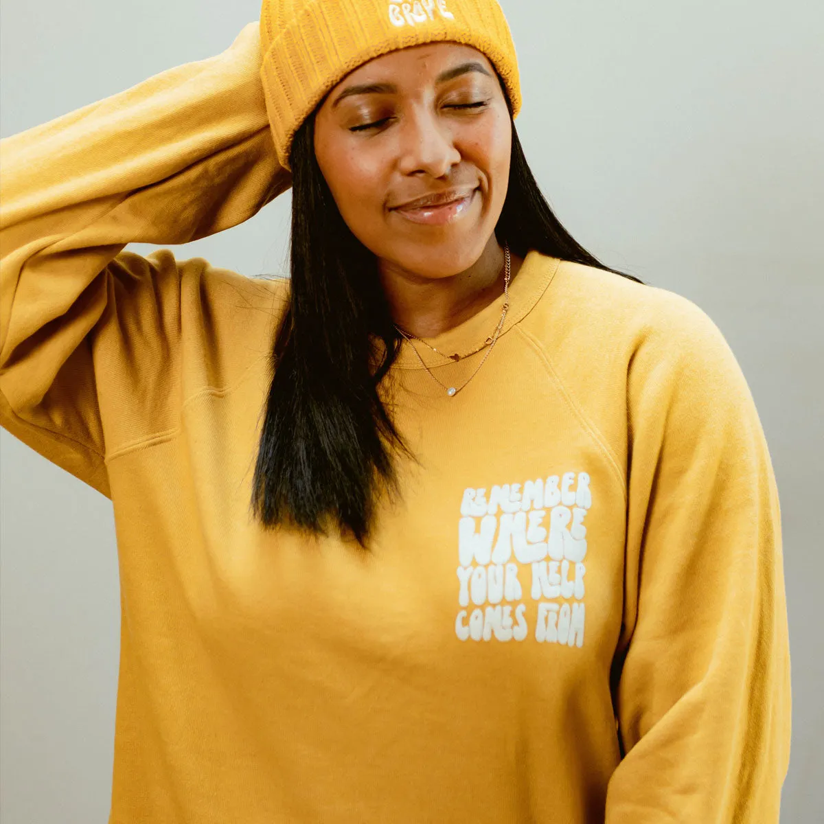 Stay Brave Fleece Crewneck in Heather Mustard | Toni Collier