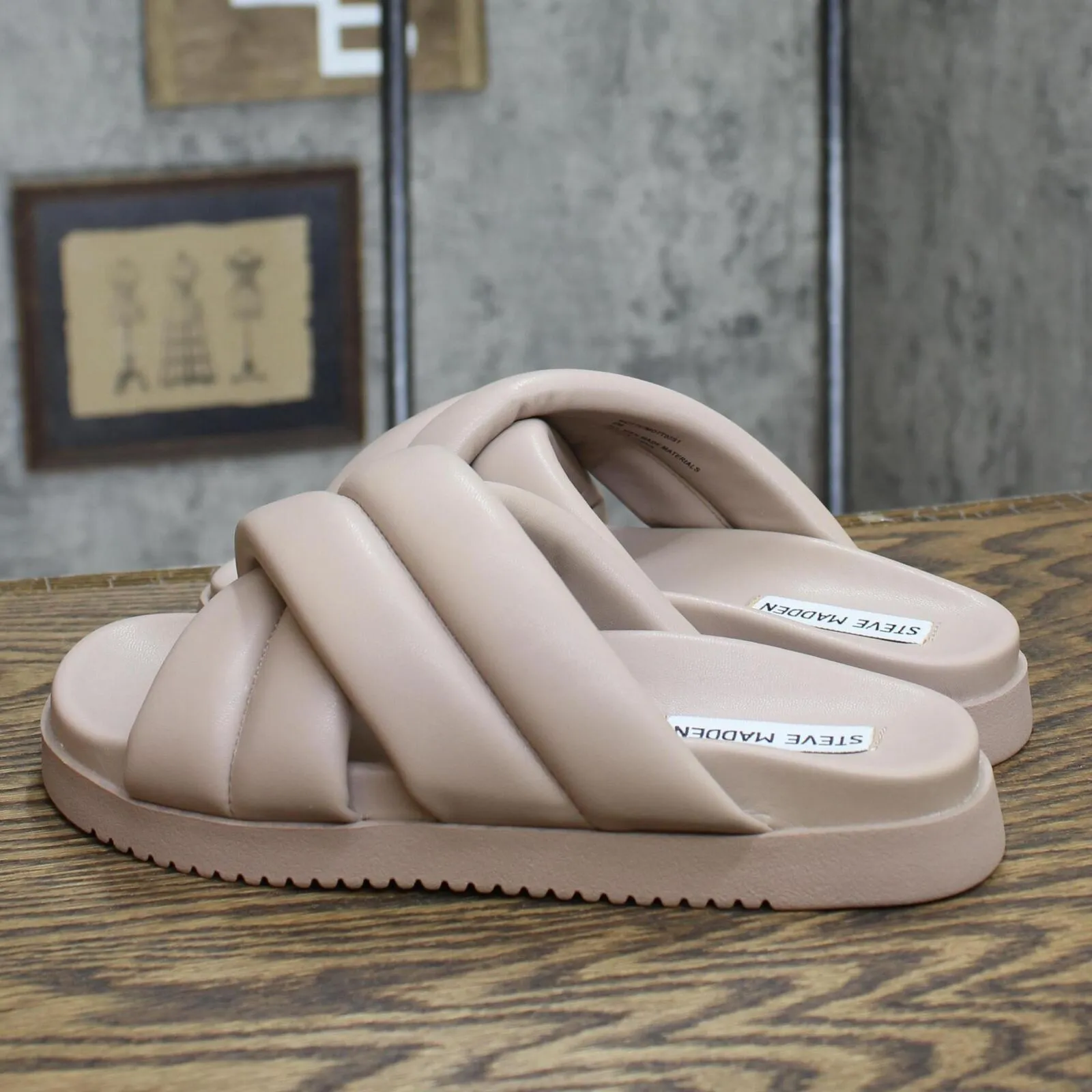 Steve Madden Womens Motte Faux Leather Slide Sandals MOTT03S1 Taupe Brown 6M