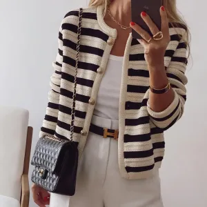 Striped Knit Jacket with Gold Button Detail