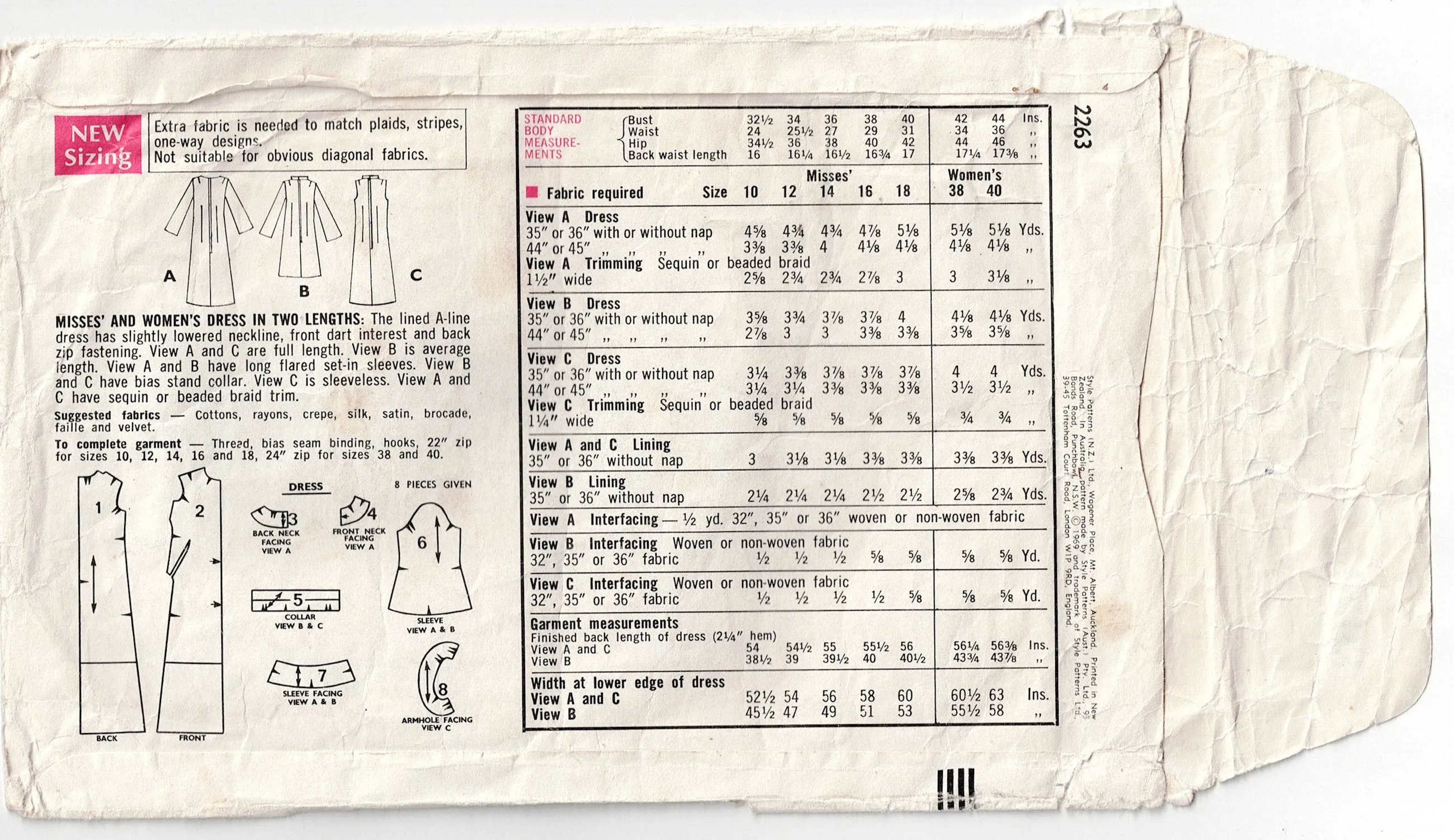 Style 2263 Womens Lined Evening Dress 1960s Vintage Sewing Pattern Size 18 Bust 40 inches