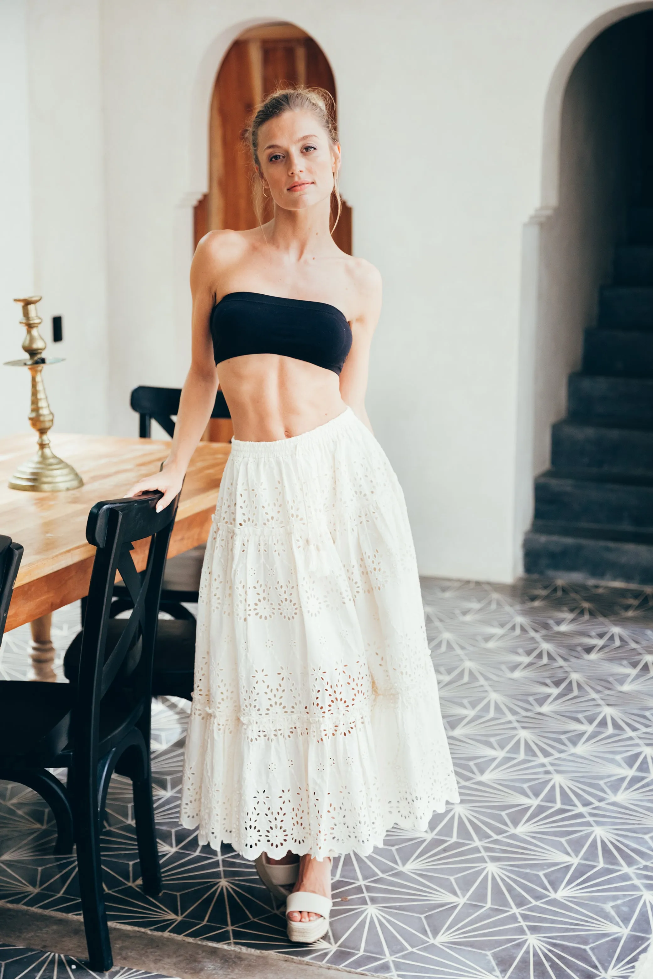 SukiSo Women's Eden Eyelet Tiered Maxi Skirt in White