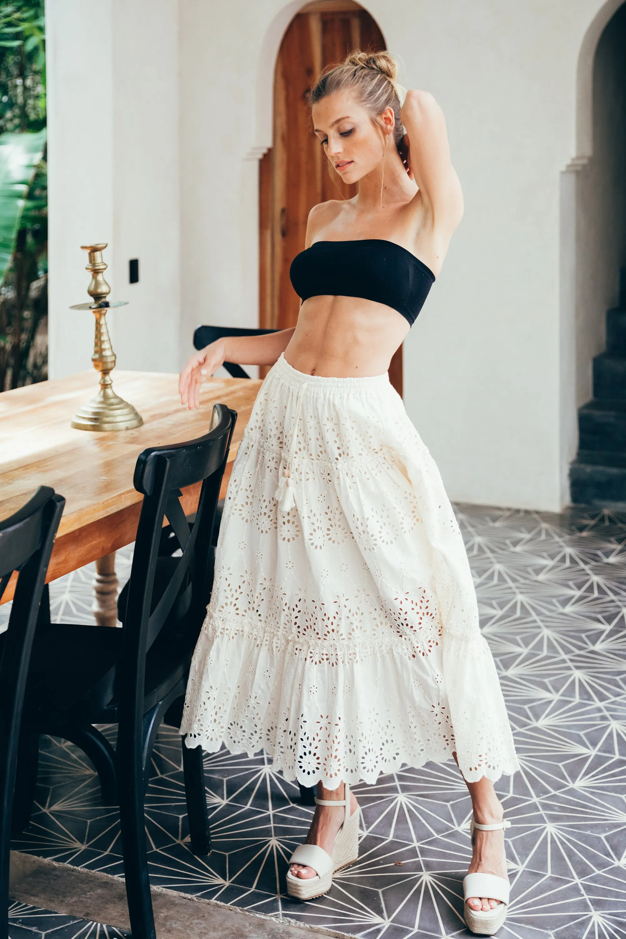 SukiSo Women's Eden Eyelet Tiered Maxi Skirt in White