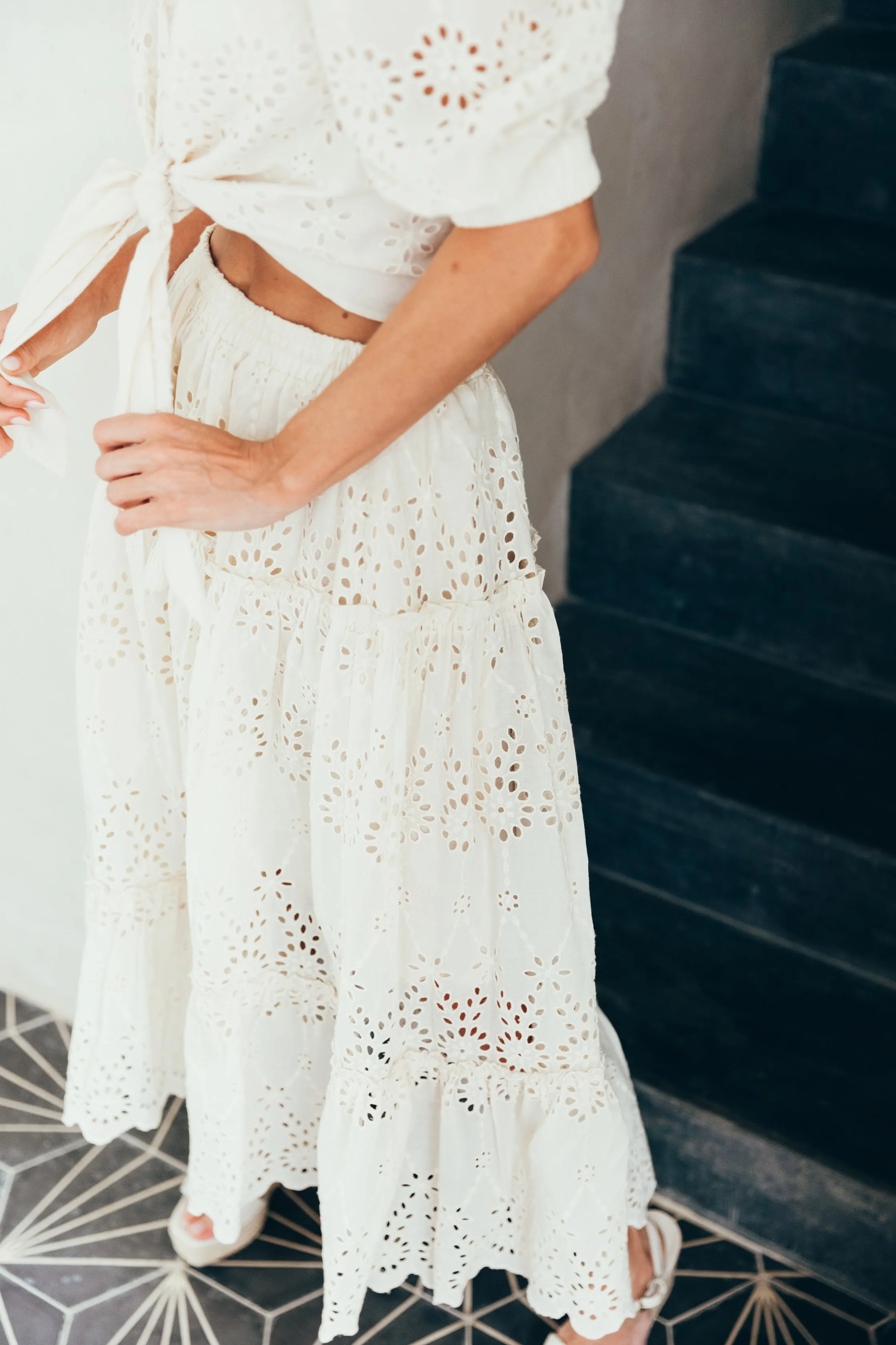 SukiSo Women's Eden Eyelet Tiered Maxi Skirt in White