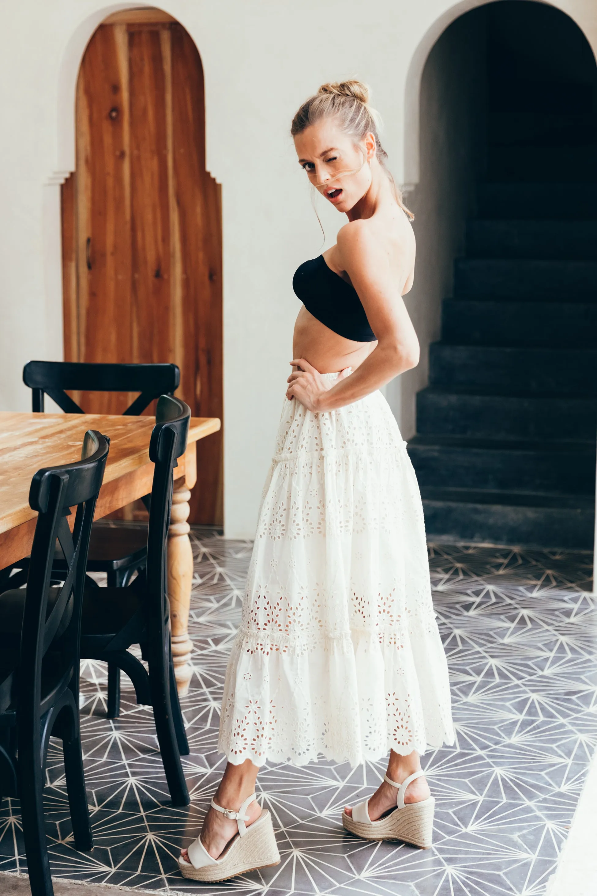 SukiSo Women's Eden Eyelet Tiered Maxi Skirt in White