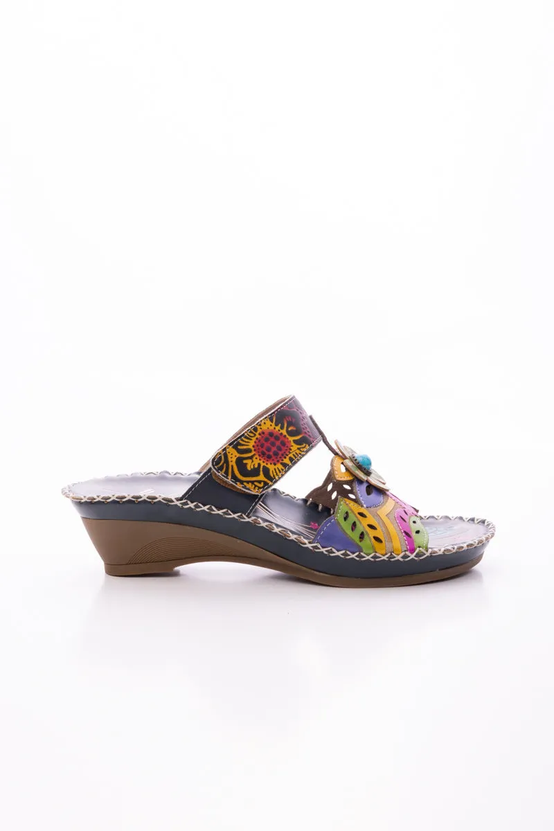Summer Blossom Embossed Leather Sandal - Black