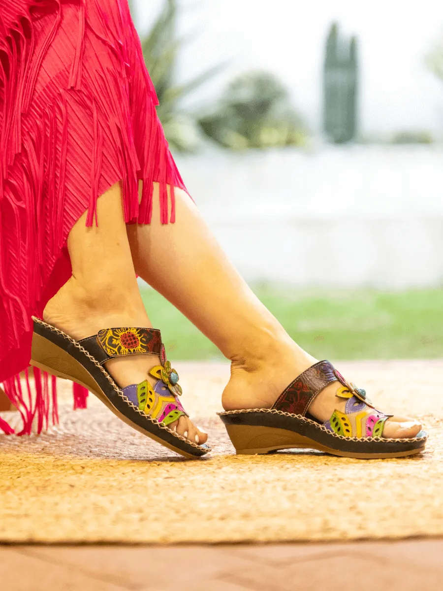 Summer Blossom Embossed Leather Sandal - Black