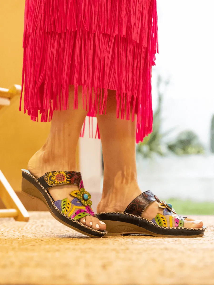 Summer Blossom Embossed Leather Sandal - Black
