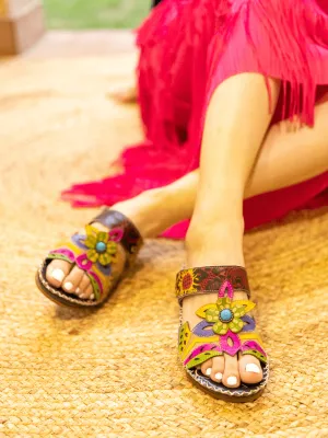 Summer Blossom Embossed Leather Sandal - Black