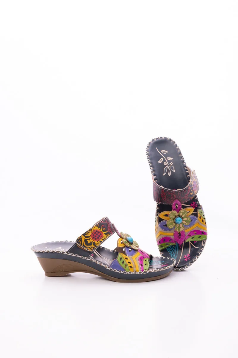 Summer Blossom Embossed Leather Sandal - Black