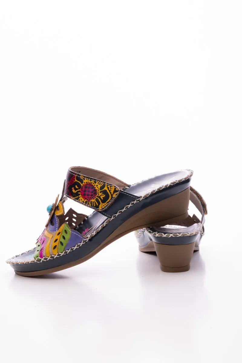 Summer Blossom Embossed Leather Sandal - Black