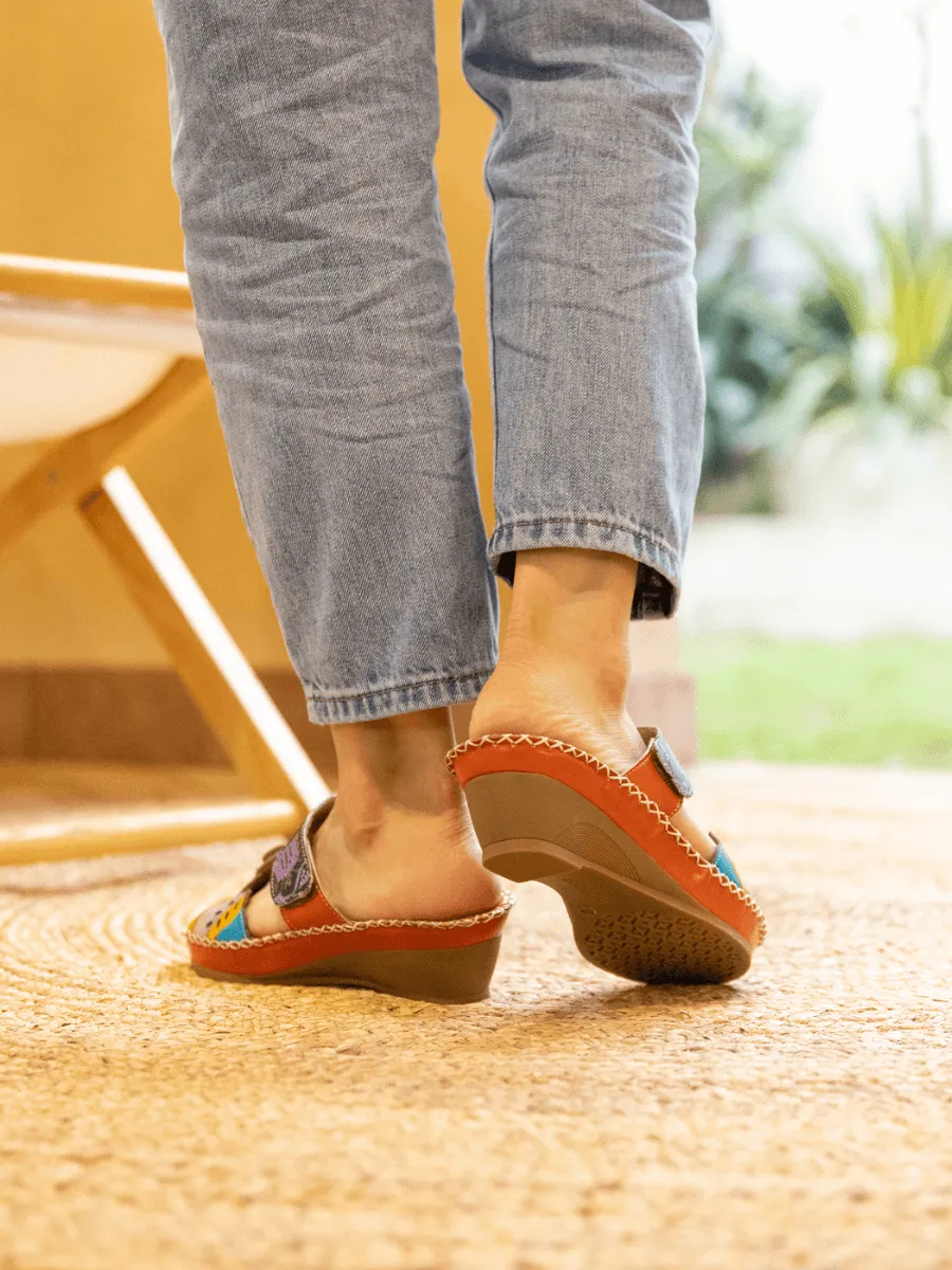Summer Blossom Embossed Leather Sandal - Orange