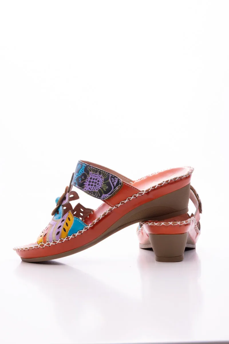 Summer Blossom Embossed Leather Sandal - Orange