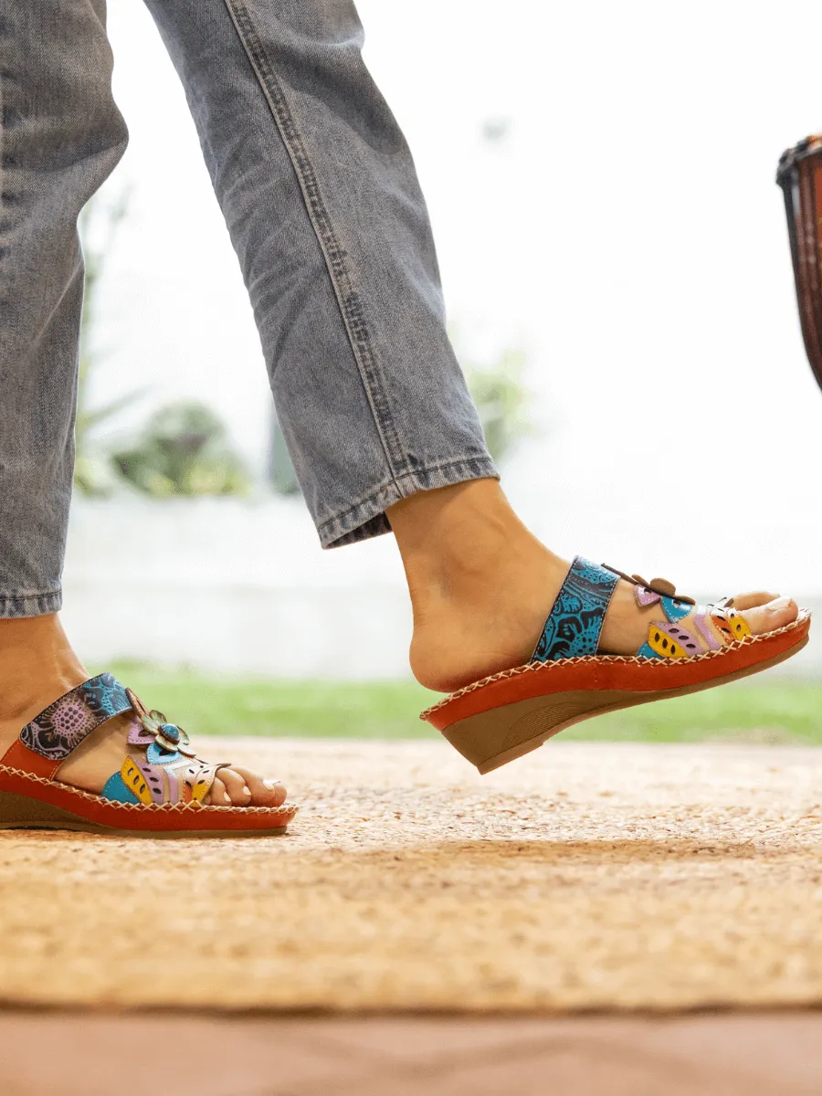 Summer Blossom Embossed Leather Sandal - Orange
